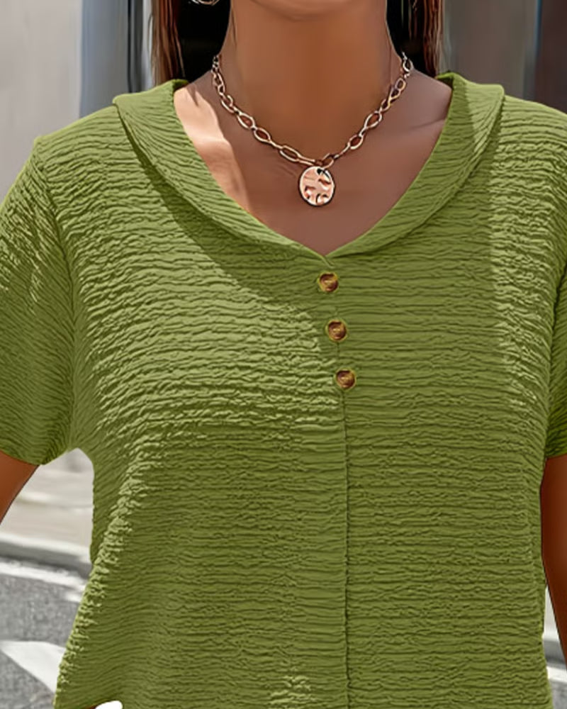 Syzelle™ - T-shirt femme col rond texturé manches courtes boutons décoratifs élégant