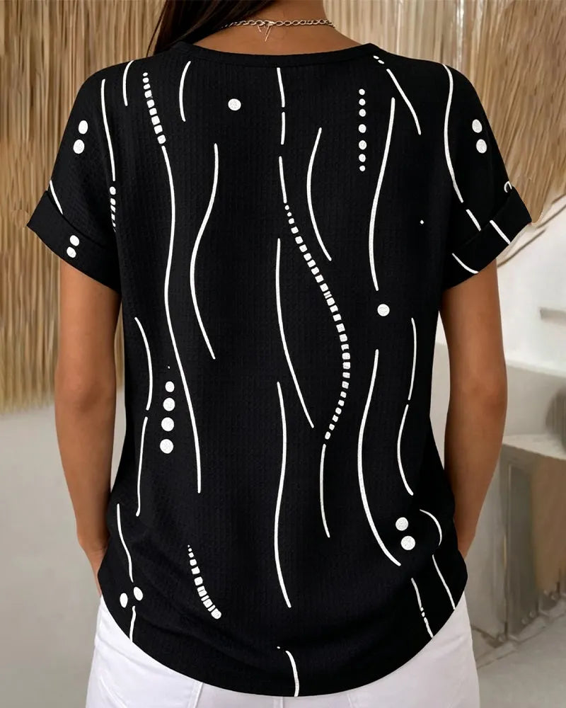 Zelynn - T-shirt femme imprimé à manches courtes avec boutons