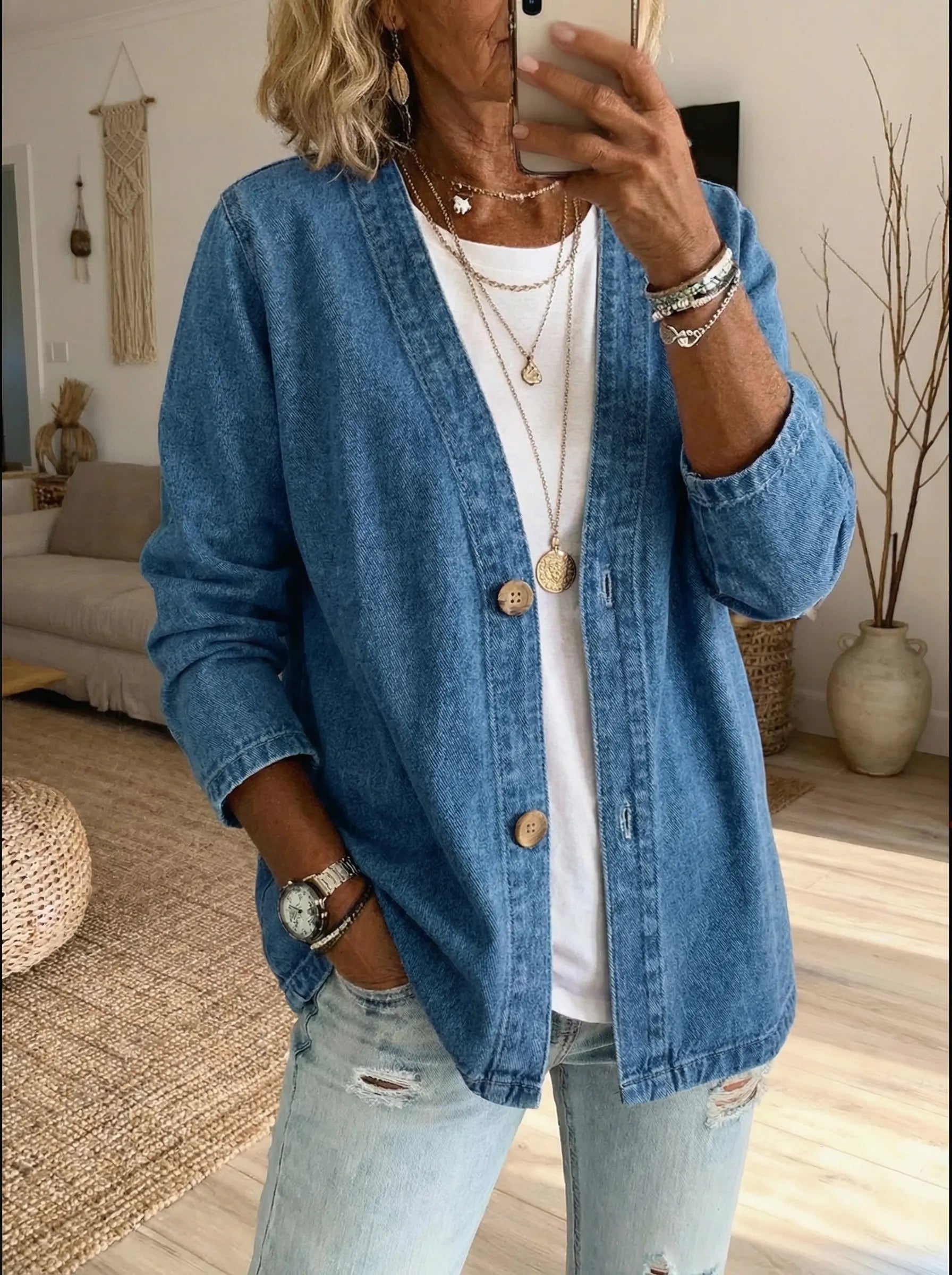 Oryxa™ - Veste Femme Denim Coupe Ample Boutonnée Style Décontracté