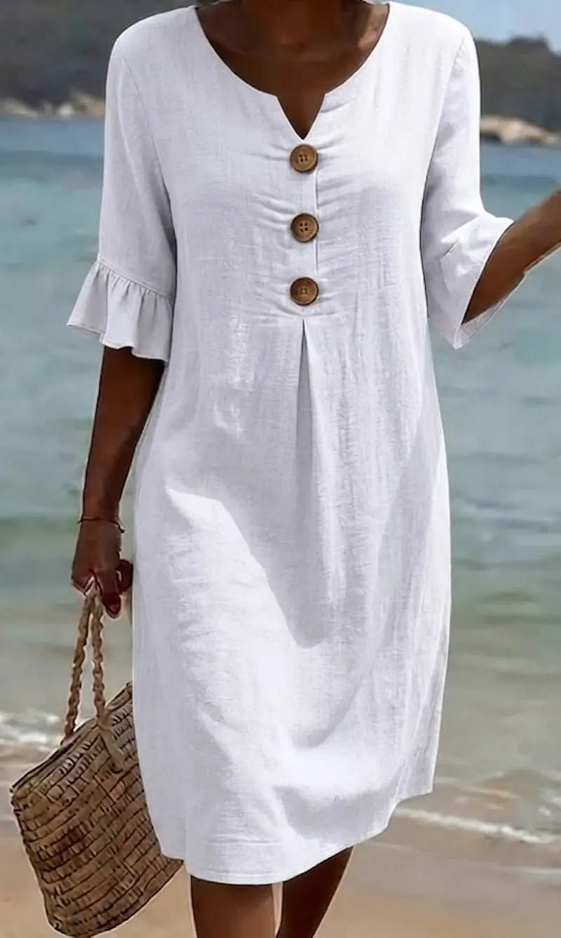Beatrix™ - Robe Femme Coton Lin Coupe Fluide Boutons Manches Évasées Élégante