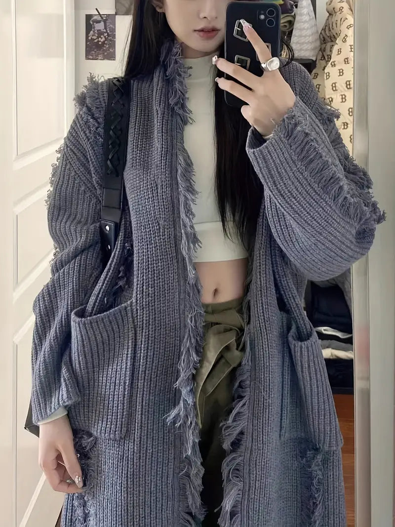 Reine™ - Cardigan Long à Franges – Style Décontracté et Tendance