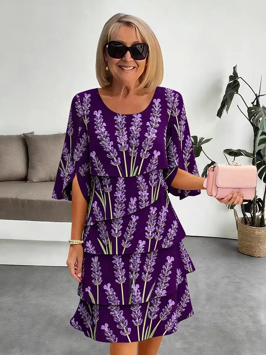 Elyvane™ - Robe femme mi-longue à volants imprimé floral manches fendues