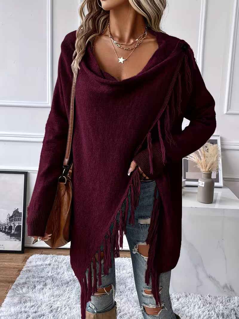 Sjoukje - Cardigan femme à col drapé asymétrique et franges décoratives