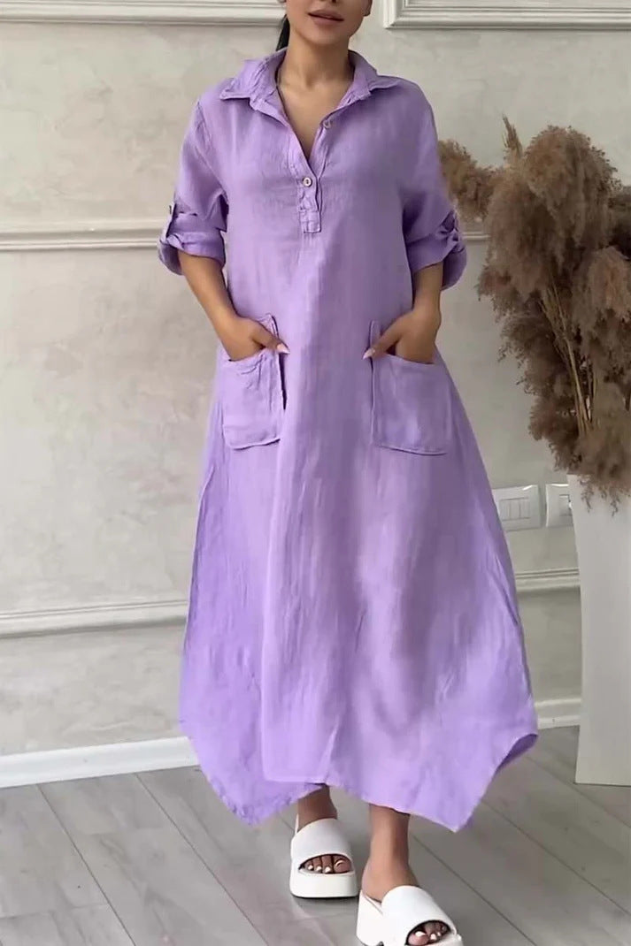 Leontine™ - Robe maxi femme en lin et coton avec revers