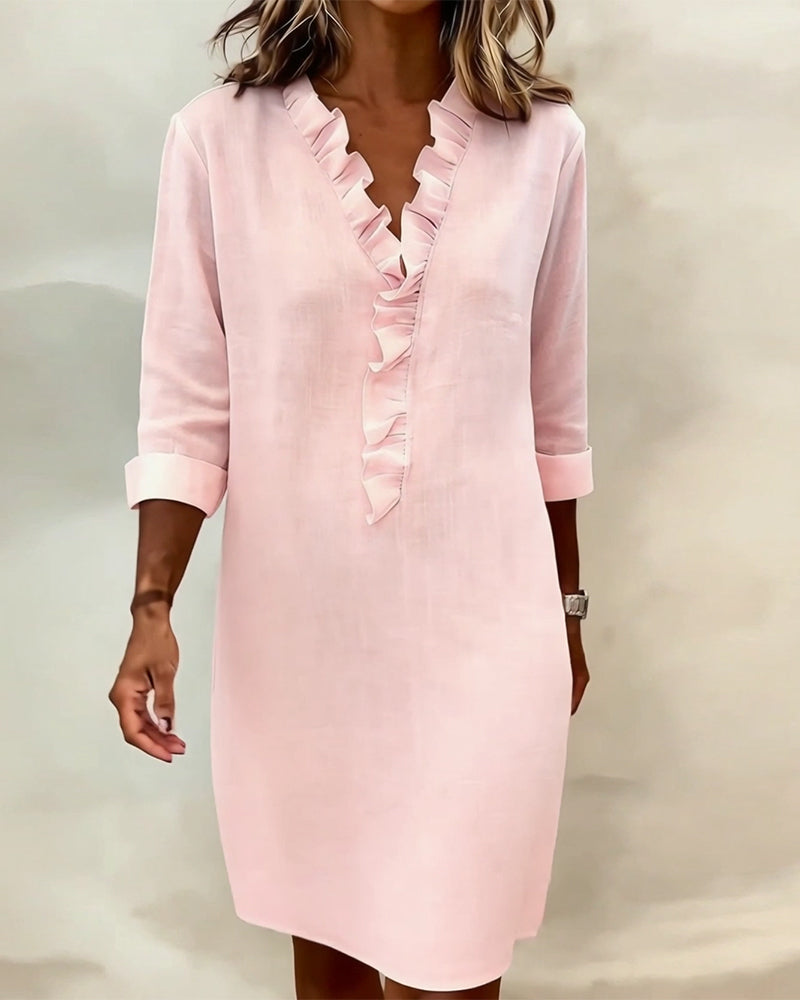 Ophivyn™ - Robe femme col V à volants coupe droite style décontracté