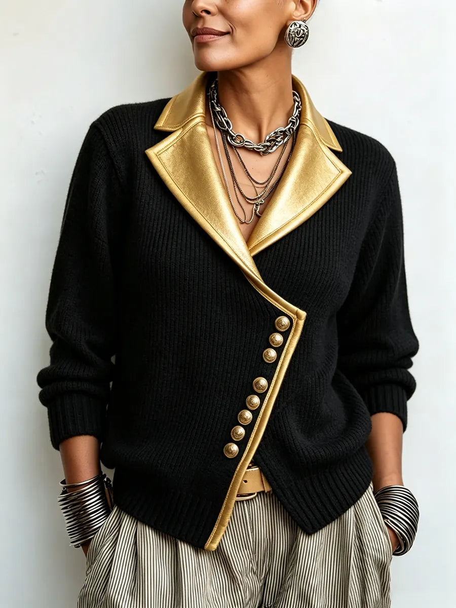 Djoeke - Cardigan femme en maille côtelée à col châle et détails métallisés