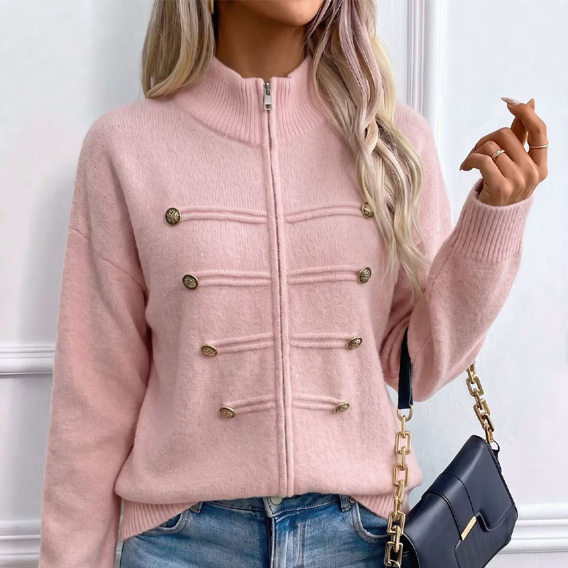 Teuntje - Gilet en maille femme à col montant zippé et boutons décoratifs