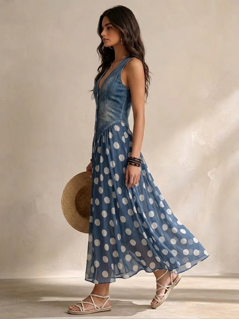 Elviane - Robe sans manches en denim avec jupe fluide à pois