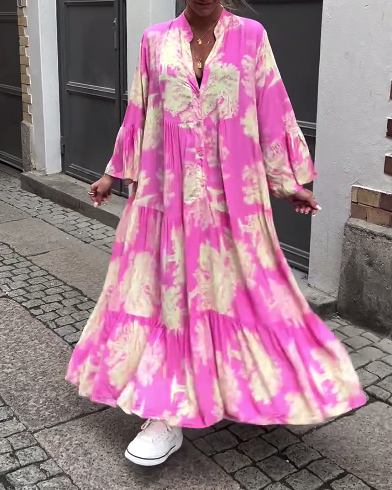 Greta™ - Robe Patchwork Ample avec Col en V et Manches Cloches Imprimées