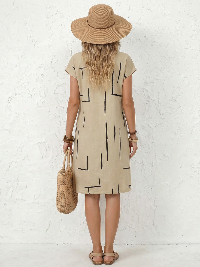 Olivrixa™ - Robe femme mi-longue à imprimé abstrait en coton lin coupe décontractée