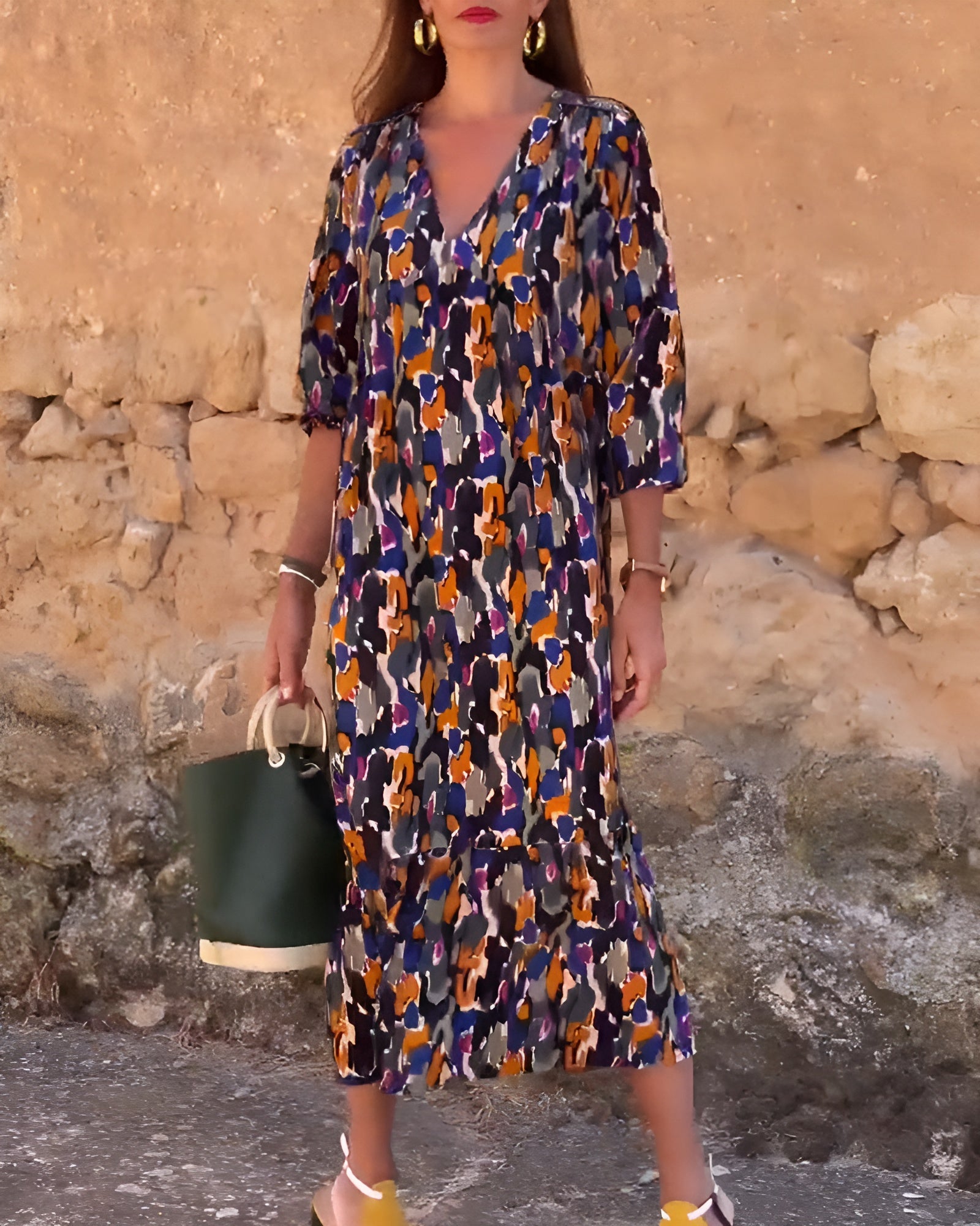 Lorina™ - Robe col V imprimé rétro