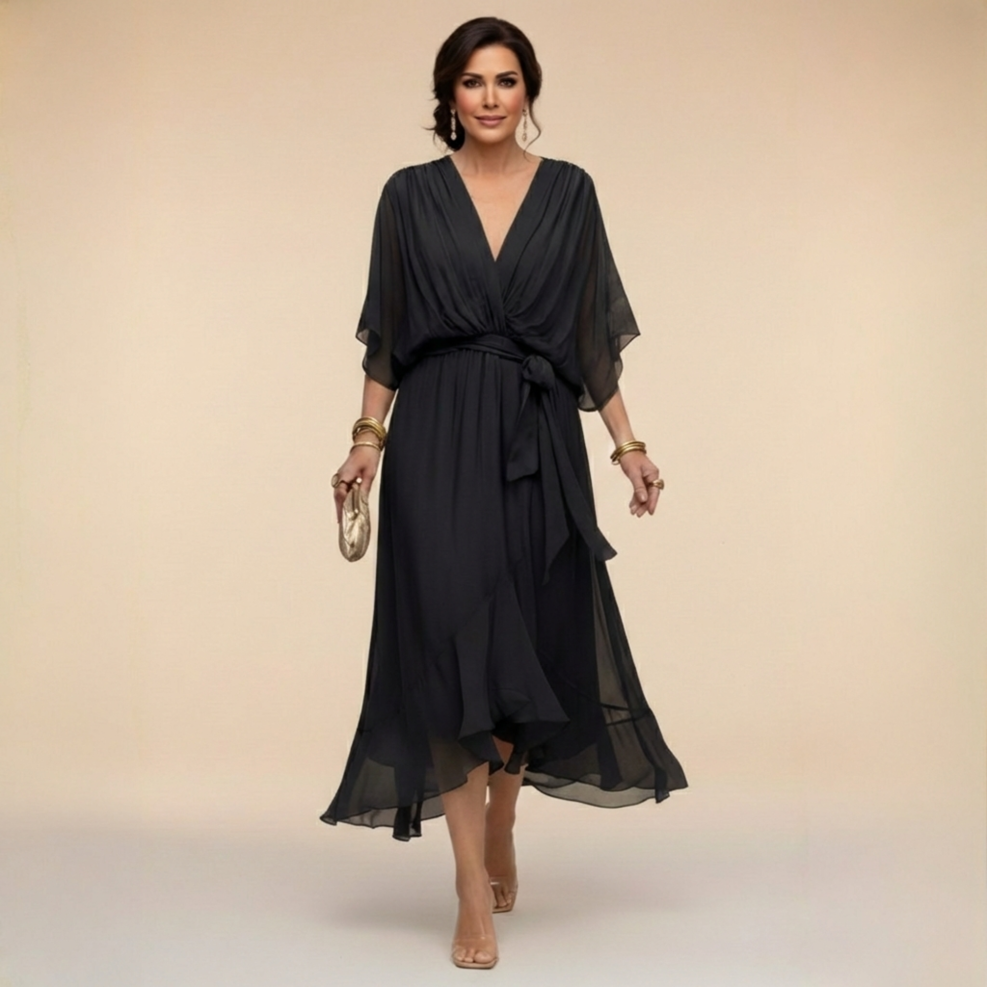 Lazira™ - Robe femme midi fluide col V manches amples ceinture élégante