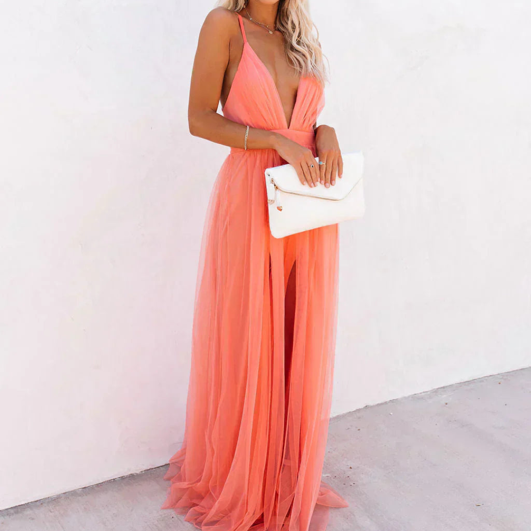 Jaxira™ - Robe femme longue fluide col V dos nu coupe élégante soirée