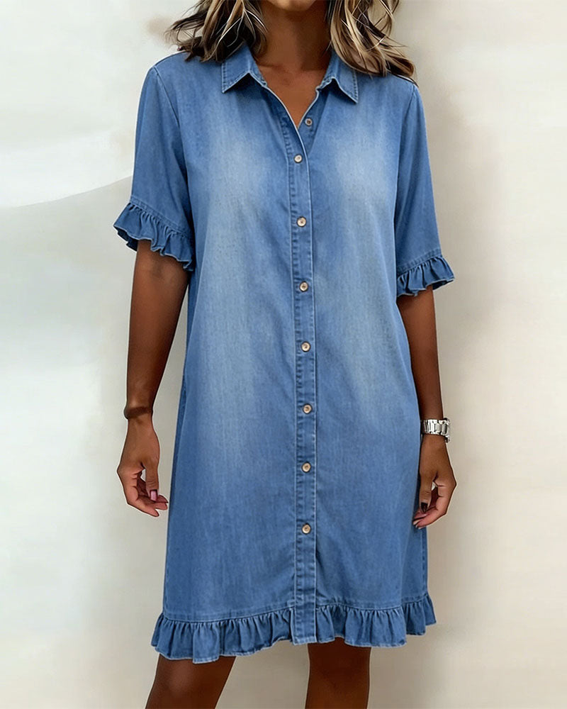 Glytha™ - Robe Femme Denim Boutonnée Manches Volants Coupe Droite Décontractée