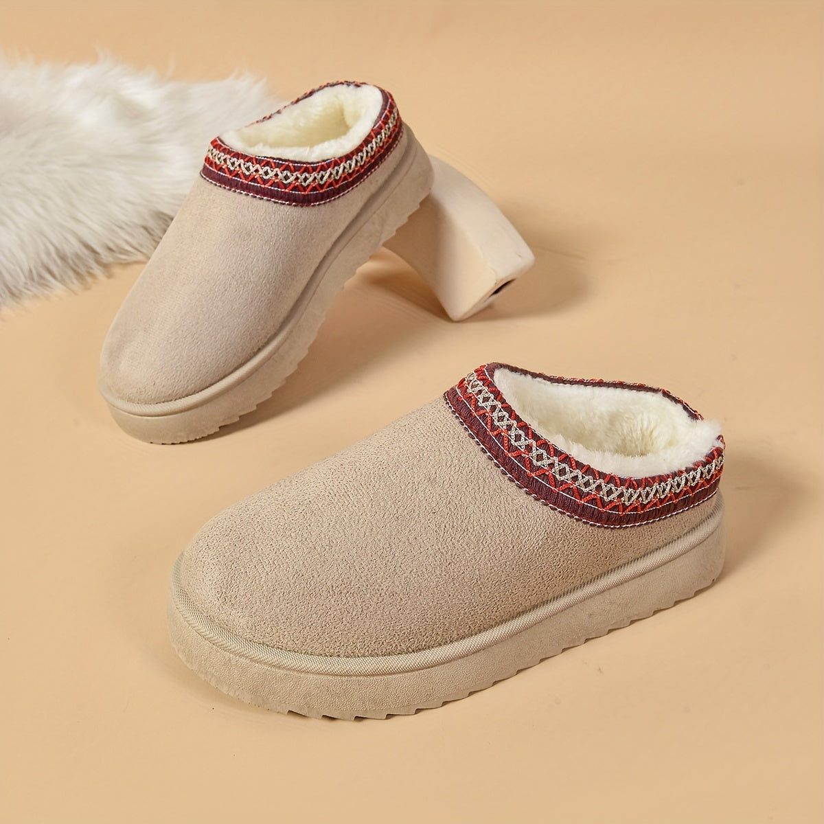Ethnic-Inspired Slip-On Boots - Warm, Comfortable, Stylish, Faux Fur Lined, Low Heel, Black and Brown