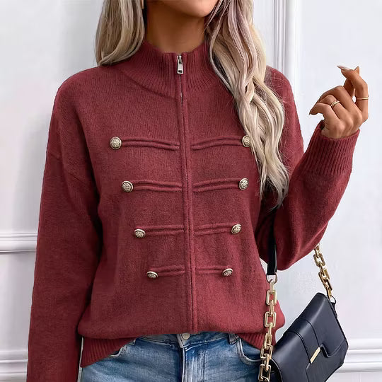 Teuntje - Gilet en maille femme à col montant zippé et boutons décoratifs
