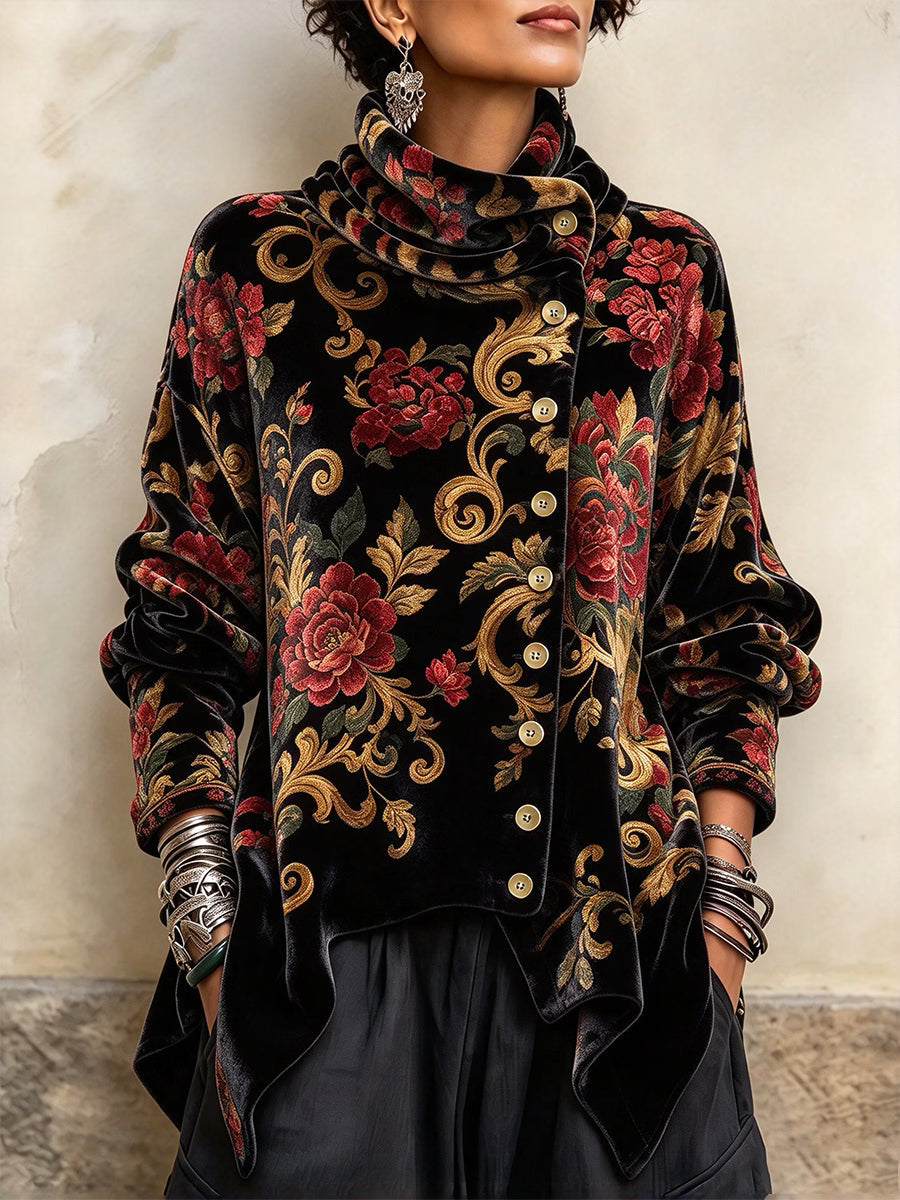 Jolein - Haut en velours femme à imprimé floral et col drapé vintage