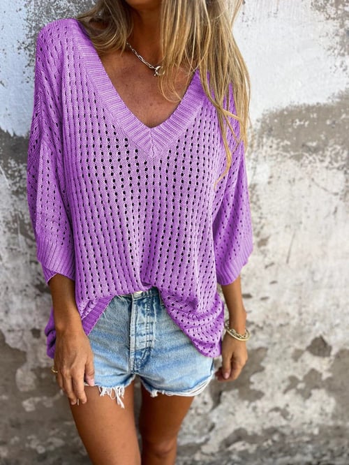Delia™ - Top tricoté à col en V avec motif creux