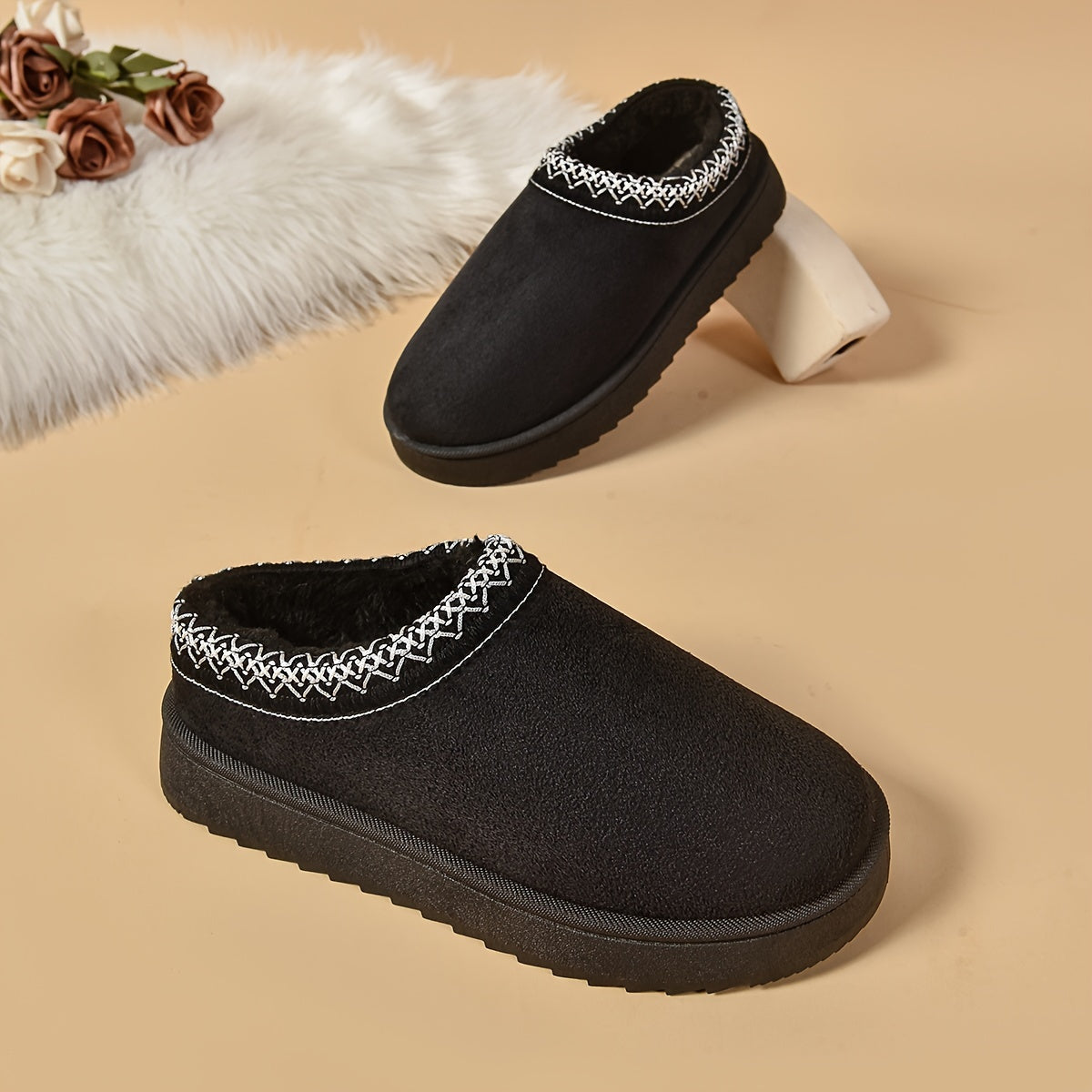 Ethnic-Inspired Slip-On Boots - Warm, Comfortable, Stylish, Faux Fur Lined, Low Heel, Black and Brown
