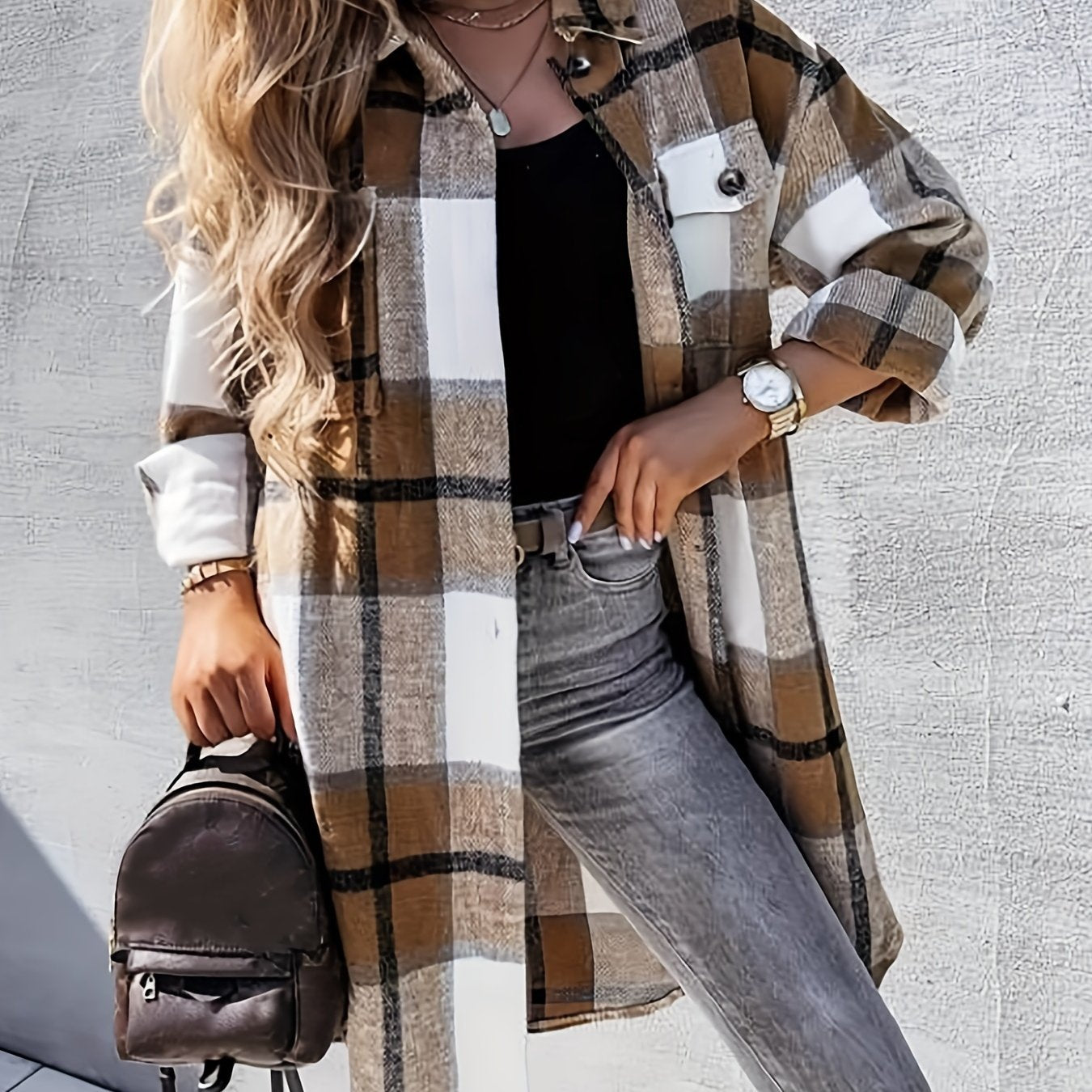 Evelora™ - Veste Longue à Imprimé Carreaux pour Femmes