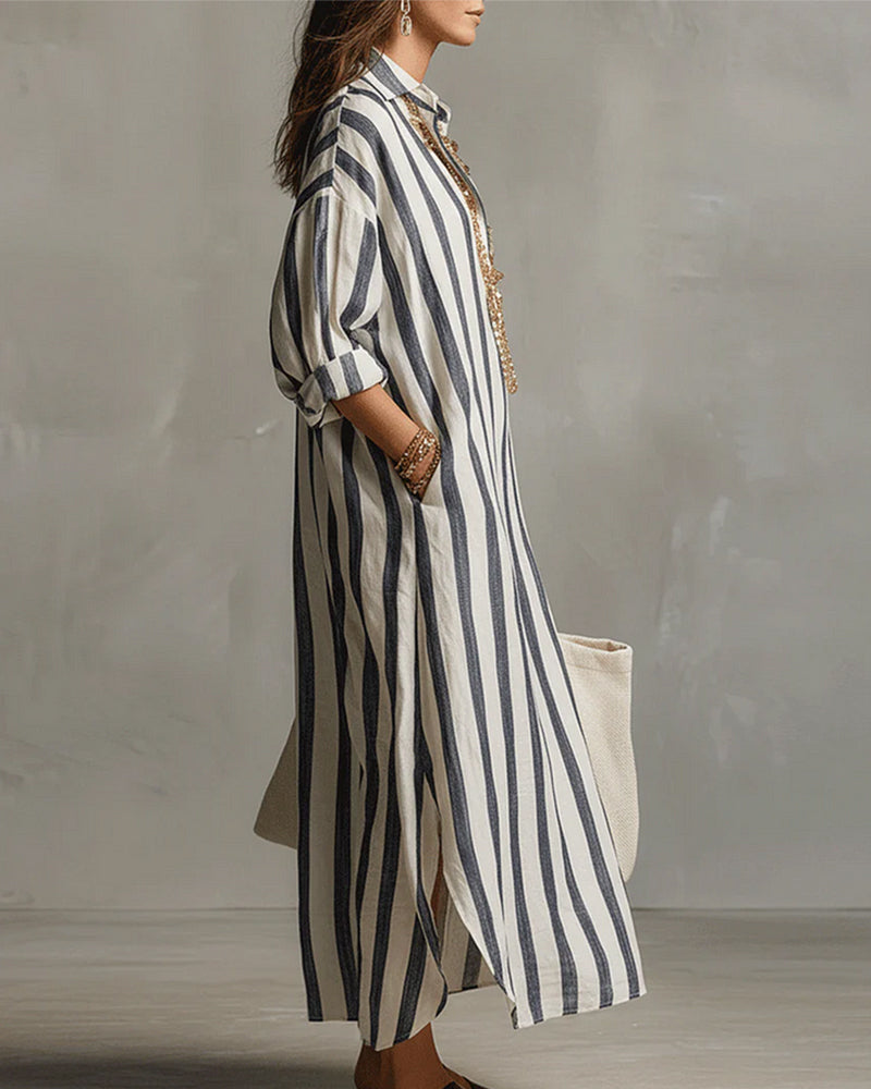 Avenira™ - Robe Maxi Rayée À Col Revers Décontracté Chic