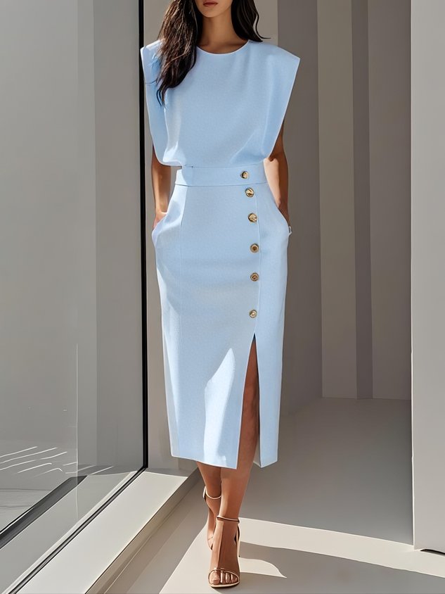 Floralia™ - Robe midi unie avec fente à boutons et décolleté rond