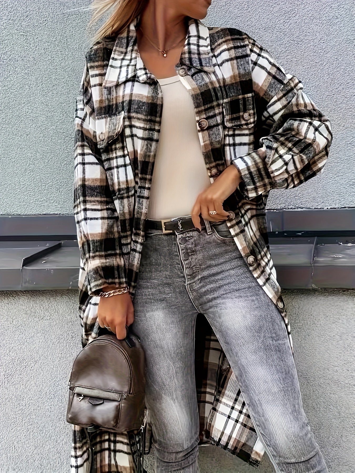 Evelora™ - Veste Longue à Imprimé Carreaux pour Femmes