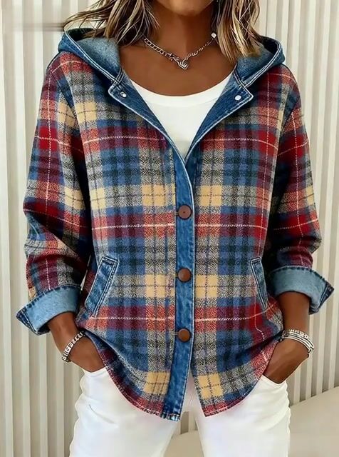 Nadrina™ - Veste en Jean à Capuche et Motif à Carreaux Contrastés