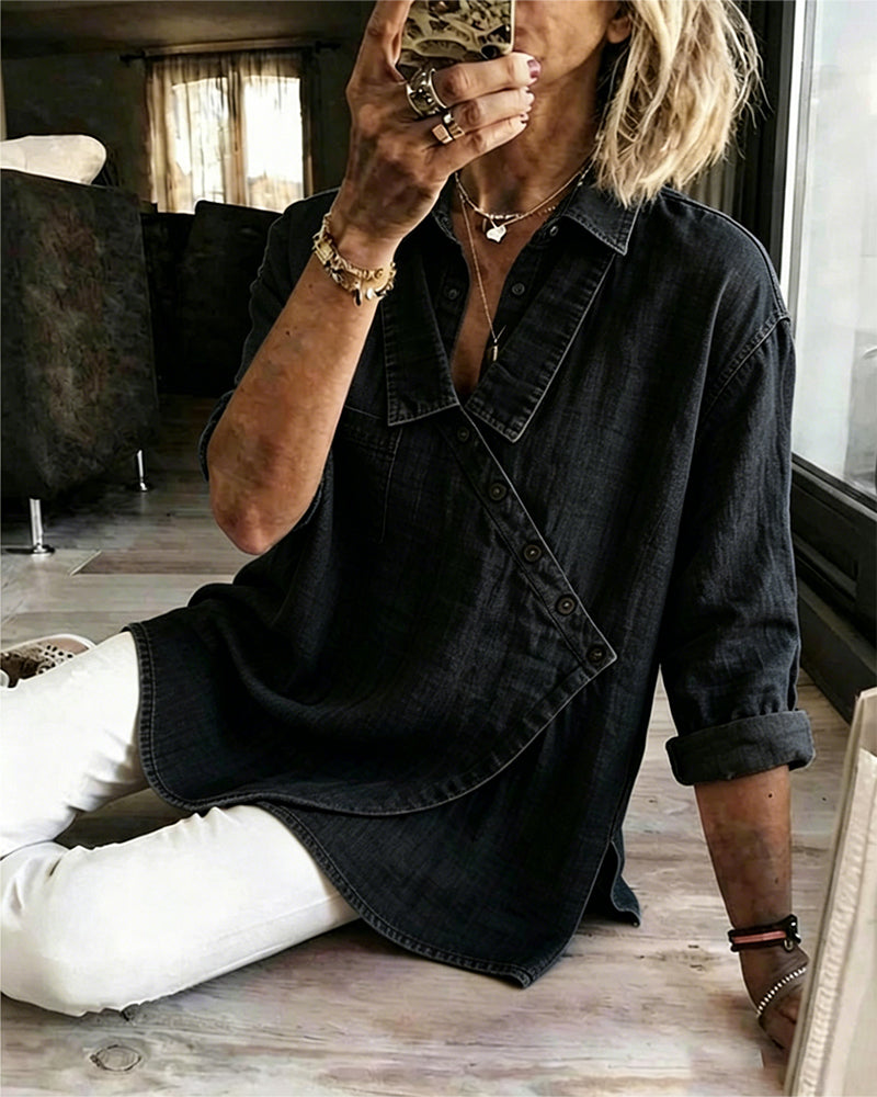 Mélusine - Blouse femme ample effet denim à boutons diagonaux