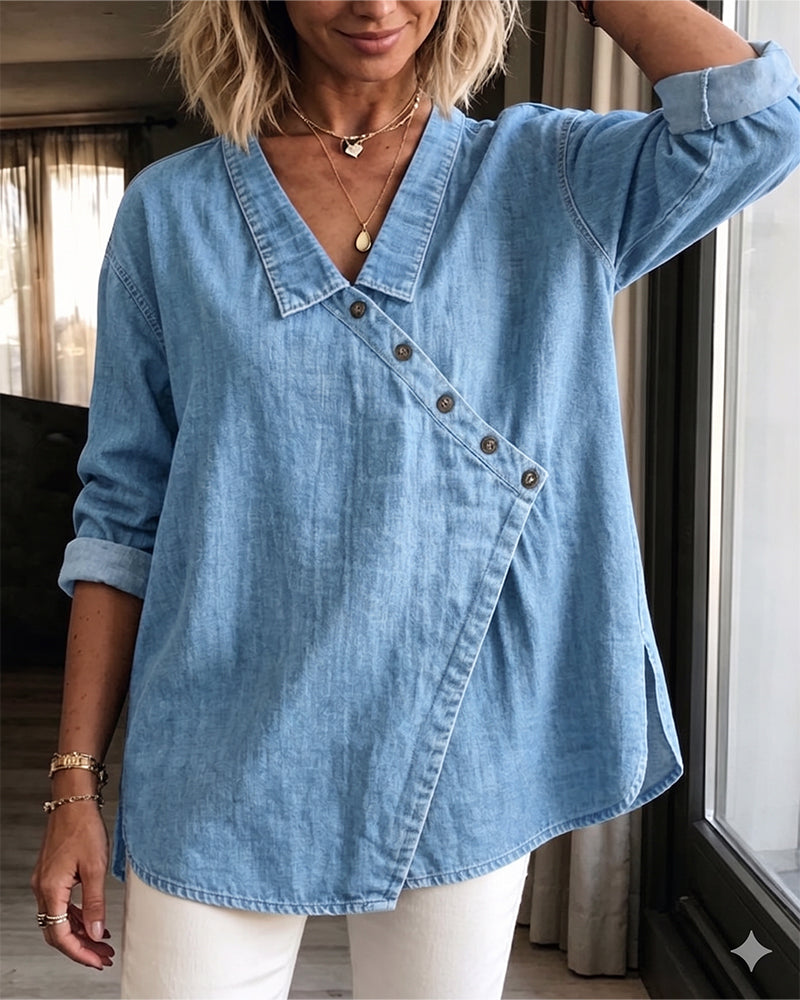 Mélusine - Blouse femme ample effet denim à boutons diagonaux