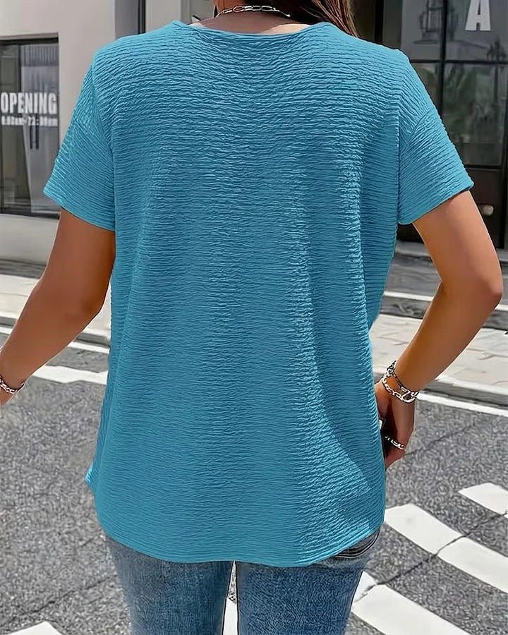 Syzelle™ - T-shirt femme col rond texturé manches courtes boutons décoratifs élégant