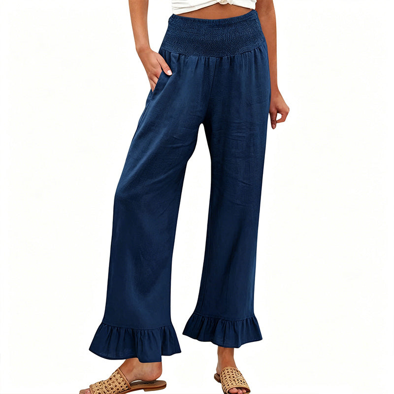 Dorexa™ - Pantalon femme taille haute smockée large coton lin boho