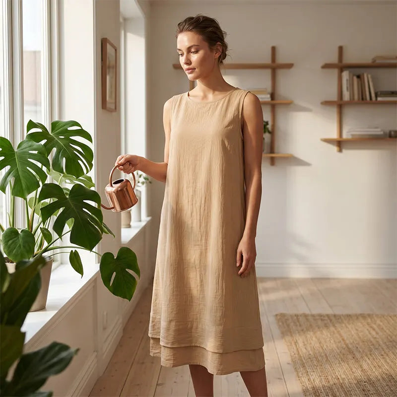 Riselia - Robe midi femme sans manches fluide à volants