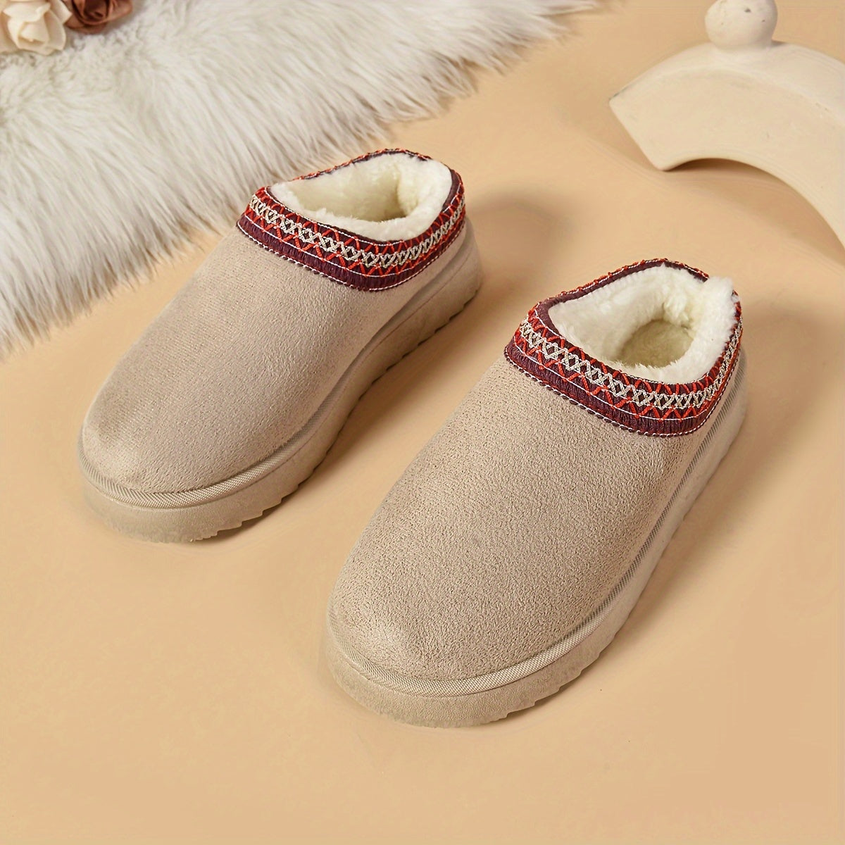 Ethnic-Inspired Slip-On Boots - Warm, Comfortable, Stylish, Faux Fur Lined, Low Heel, Black and Brown