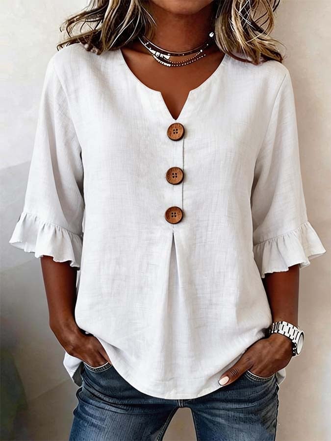 Tyvora™ - Blouse femme unie fluide manches volantées boutons bois style bohème