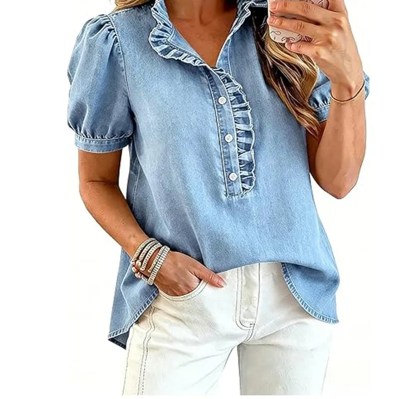 Caelith - Haut femme en denim avec col volanté