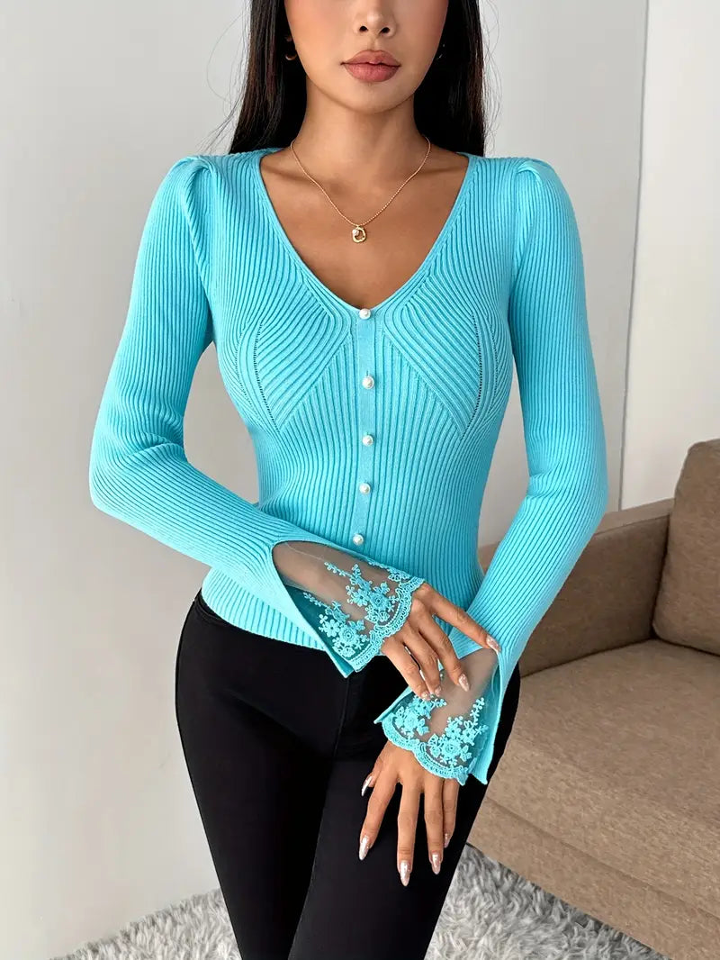 Noralissa - Pull Élégant à Dentelle et Décolleté V
