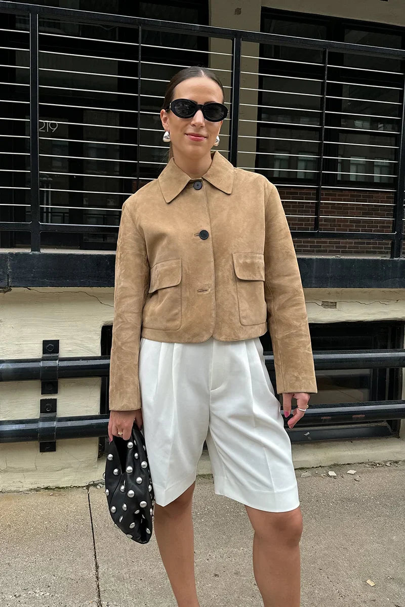 Aveline™ - Veste en Cuir Suédé avec Poches