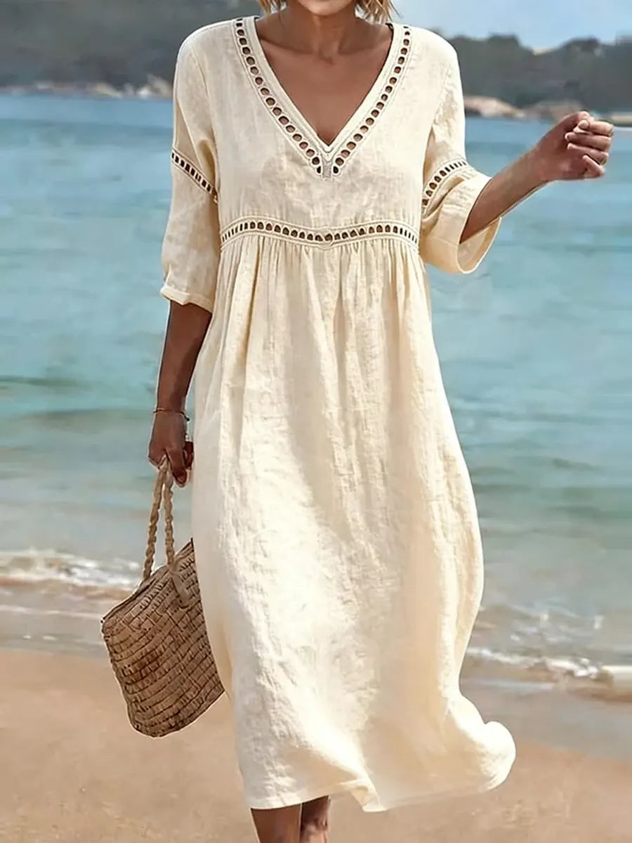 Rynoxa™ - Robe femme midi fluide col V manches larges style naturel élégant