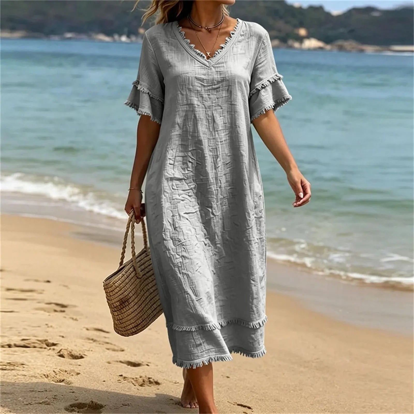 Naelle - Robe femme col V à franges style bohème