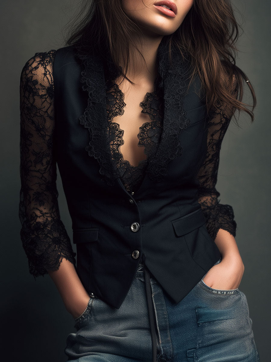 Bruxelle™ - Blouse Femme Élégante en Dentelle à Manches Transparentes