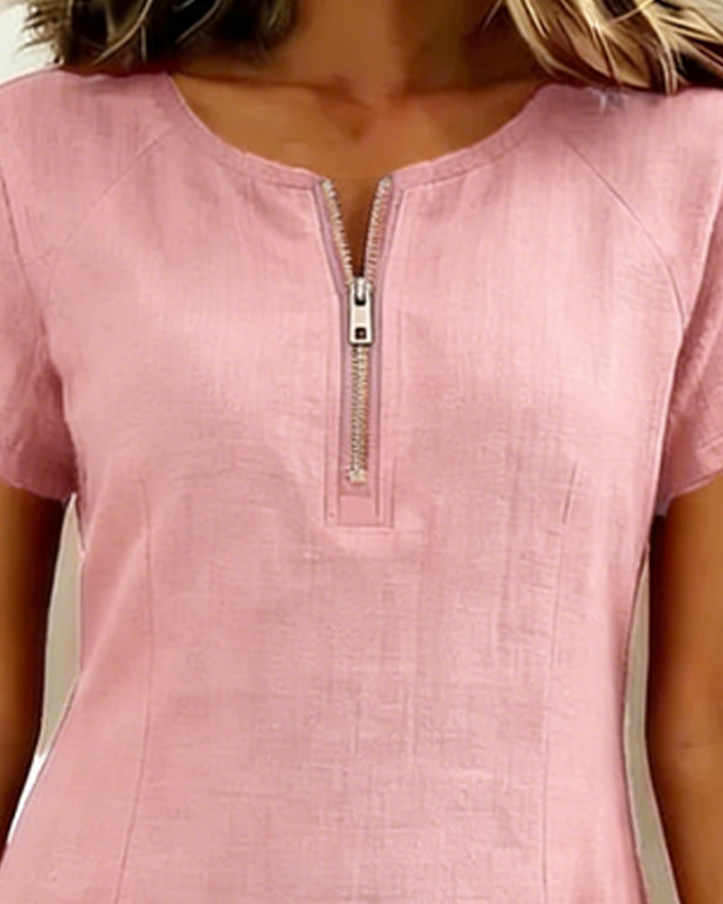 Kovira™ - Robe Courte Coton Lin avec Fermeture Éclair et Poches