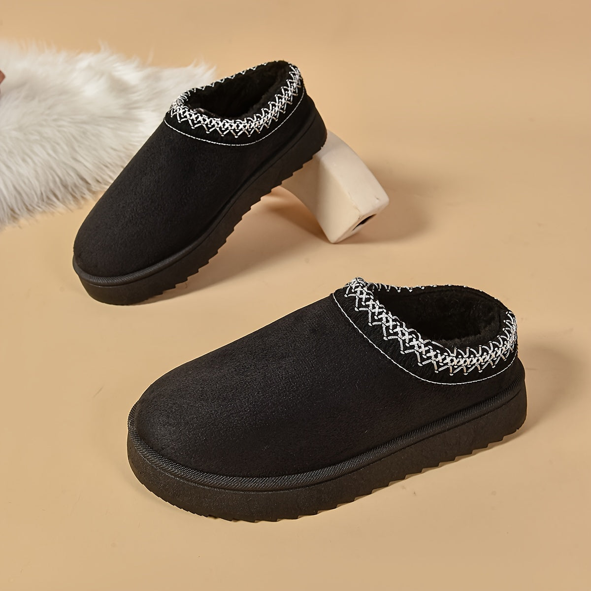 Ethnic-Inspired Slip-On Boots - Warm, Comfortable, Stylish, Faux Fur Lined, Low Heel, Black and Brown