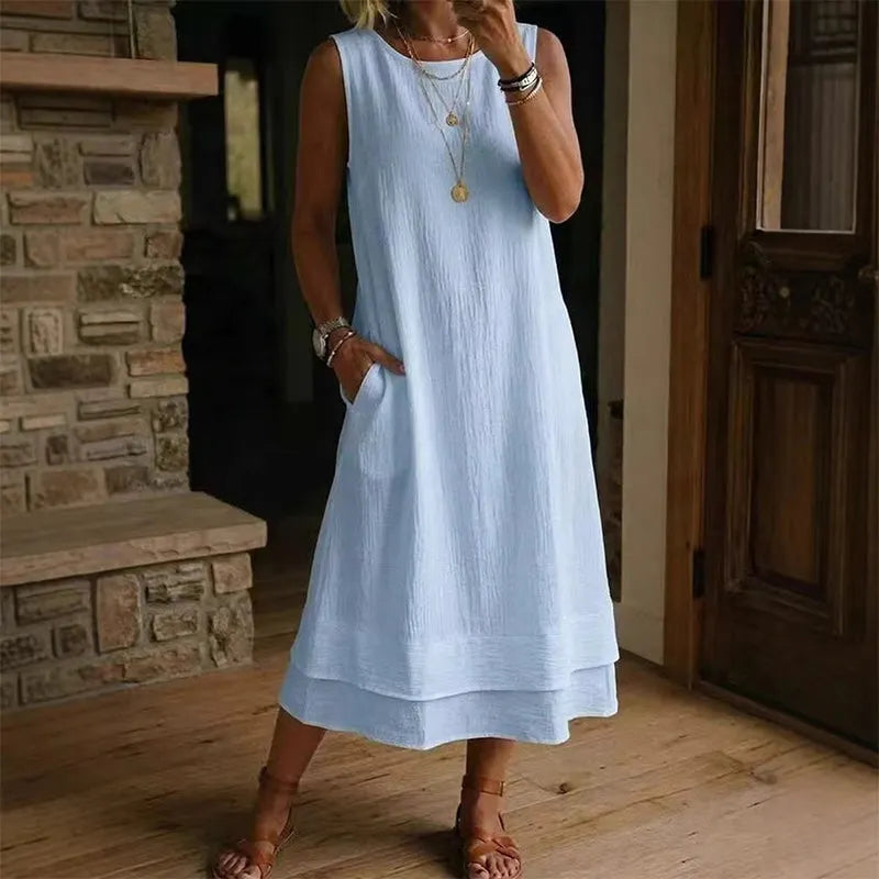Riselia - Robe midi femme sans manches fluide à volants