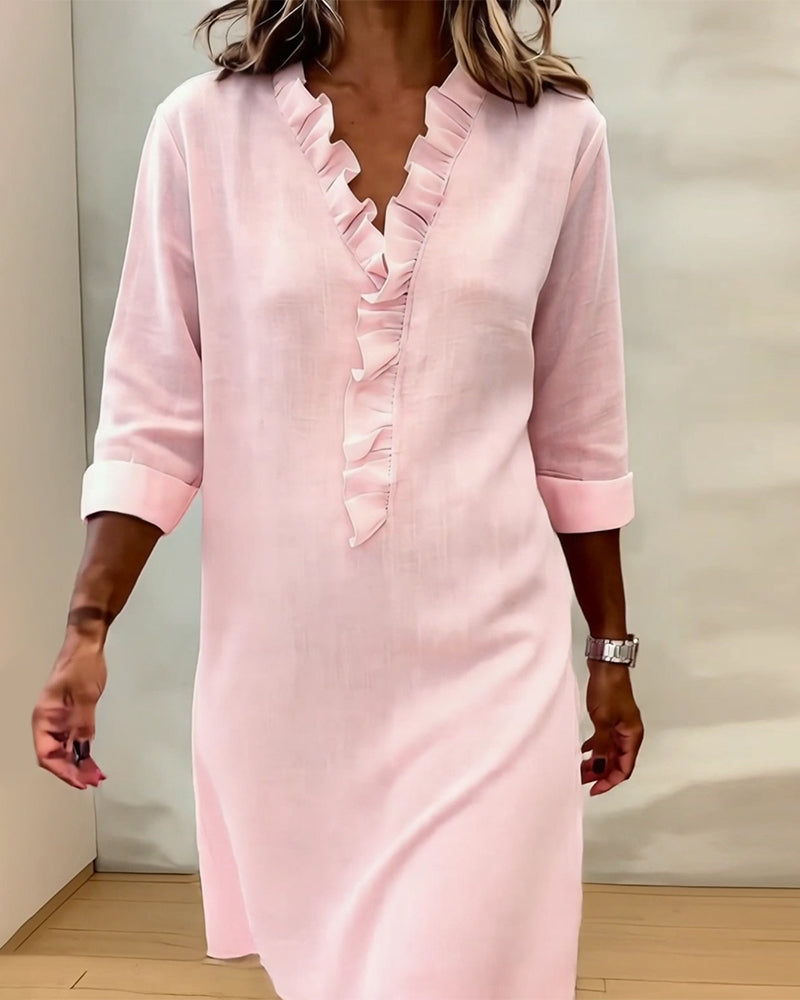 Ophivyn™ - Robe femme col V à volants coupe droite style décontracté