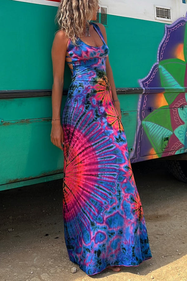 Junaria™ - Robe maxi avec imprimé tie-dye, lacée à l'arrière, extensible (avec soutien-gorge intégré)