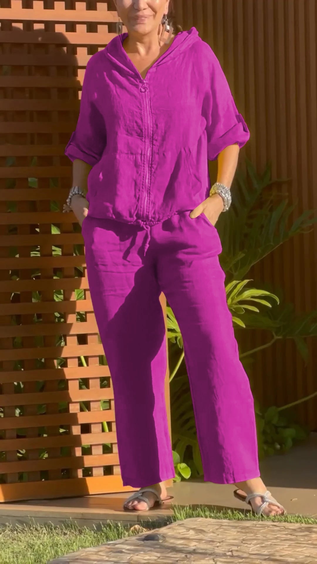Elyraxa™ - Ensemble femme capuche zip coton lin coupe ample été