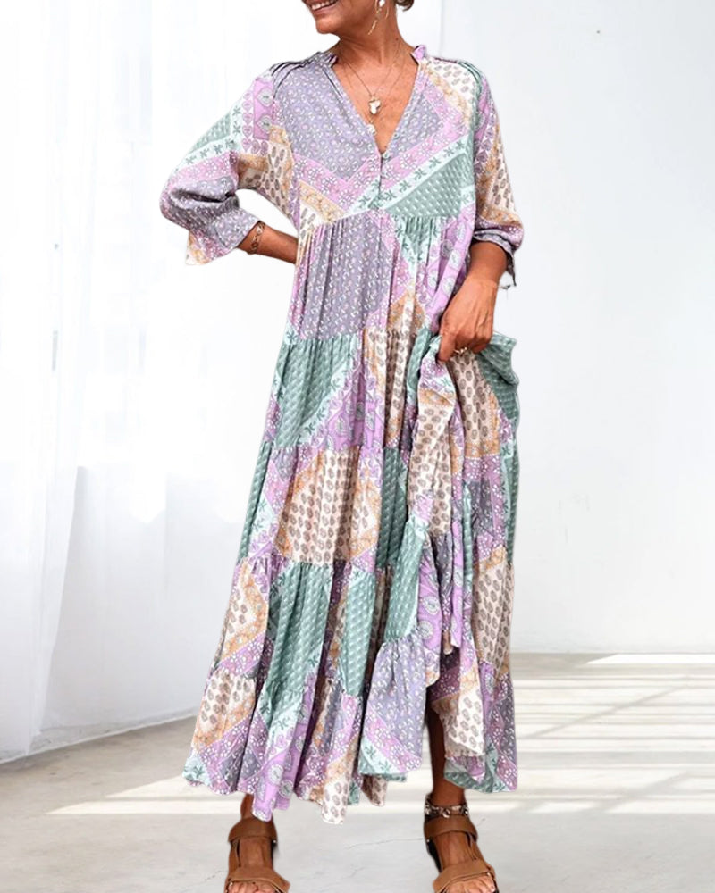 Quinna™ - Robe maxi colorée à imprimé color block et manches 3/4