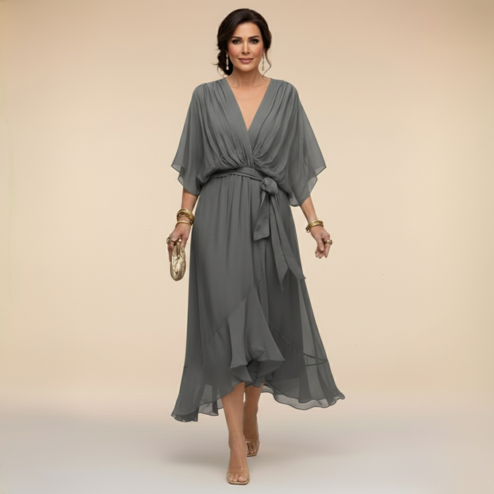 Lazira™ - Robe femme midi fluide col V manches amples ceinture élégante