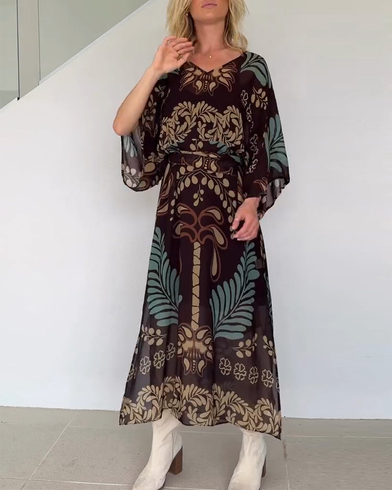 Praxellea™ - Robe bohème femme maxi ample col V imprimé feuilles élégant
